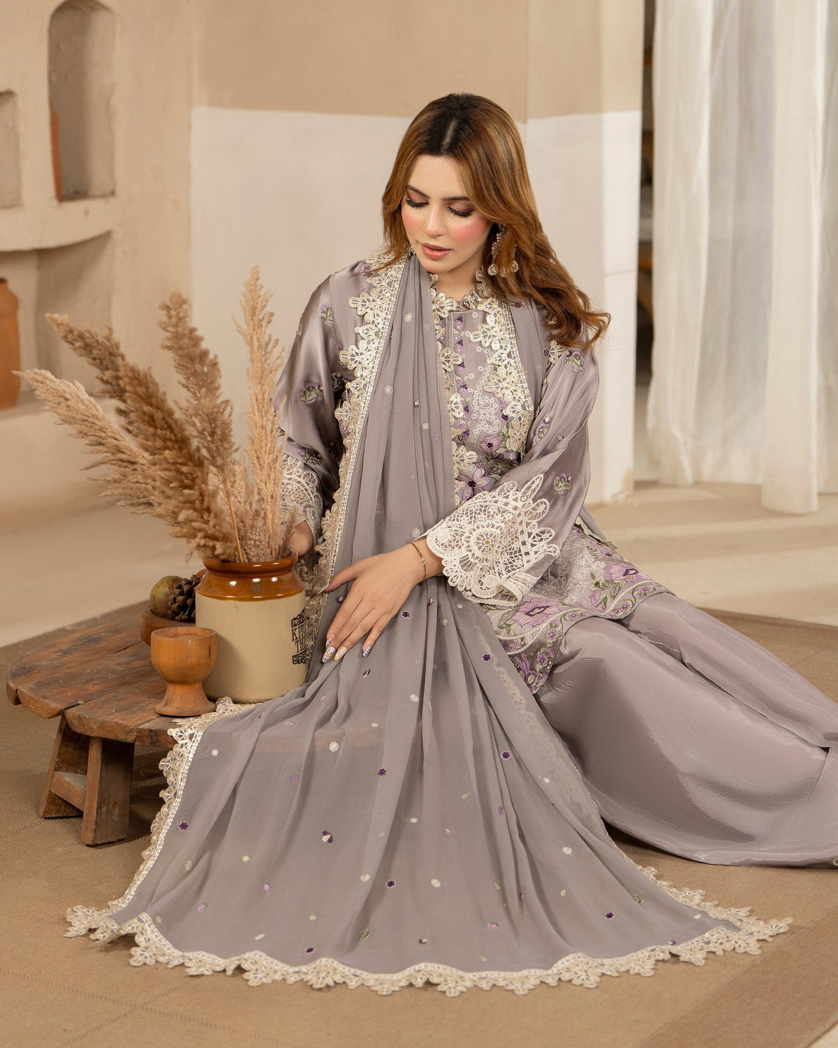Grey Dori Embroidered Shamoz Silk Designer Salwar Kameez Online in Sri Lanka India Australia