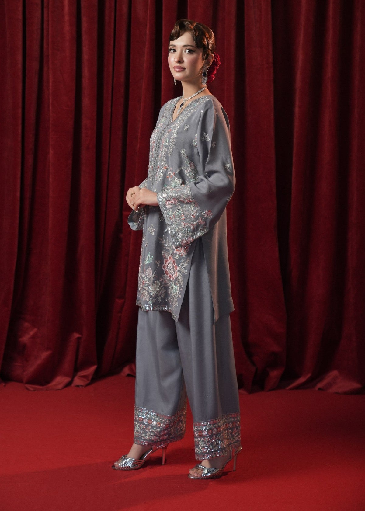 Grey Embellished Chiffon Shalwar Kameez Online in UK USA Canada