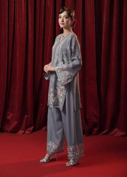 Grey Embellished Chiffon Shalwar Kameez Online in UK USA Canada