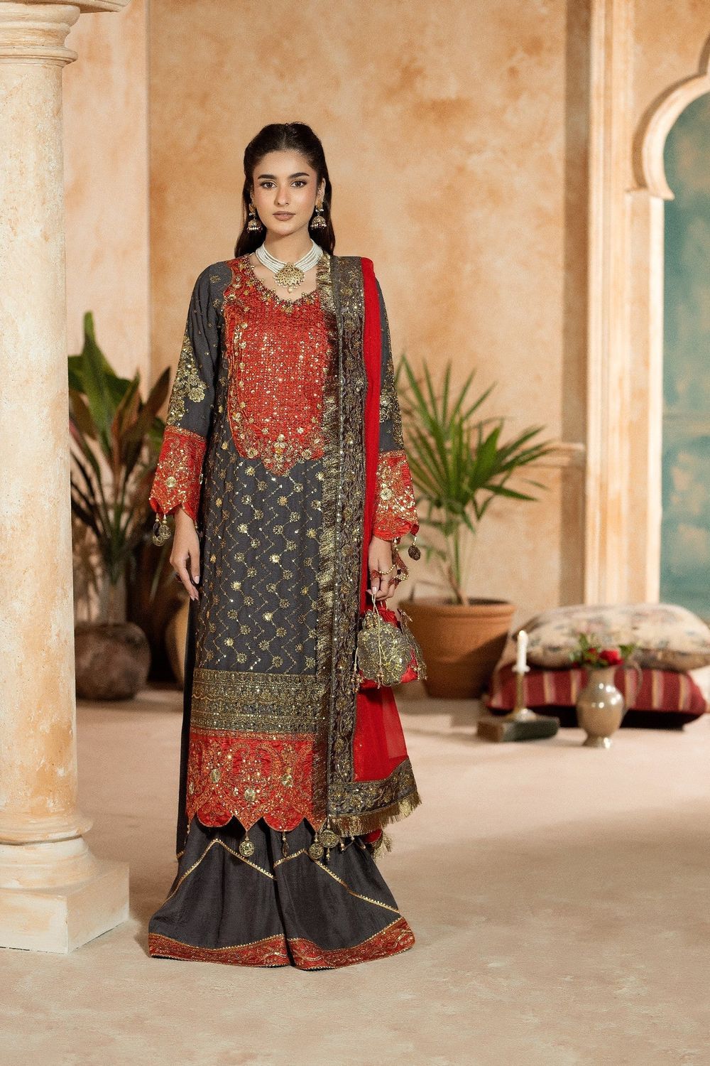Grey Embellished Chiffon Wedding Sharara Online in Dubai UAE Abudhabi Ajman Sharjah