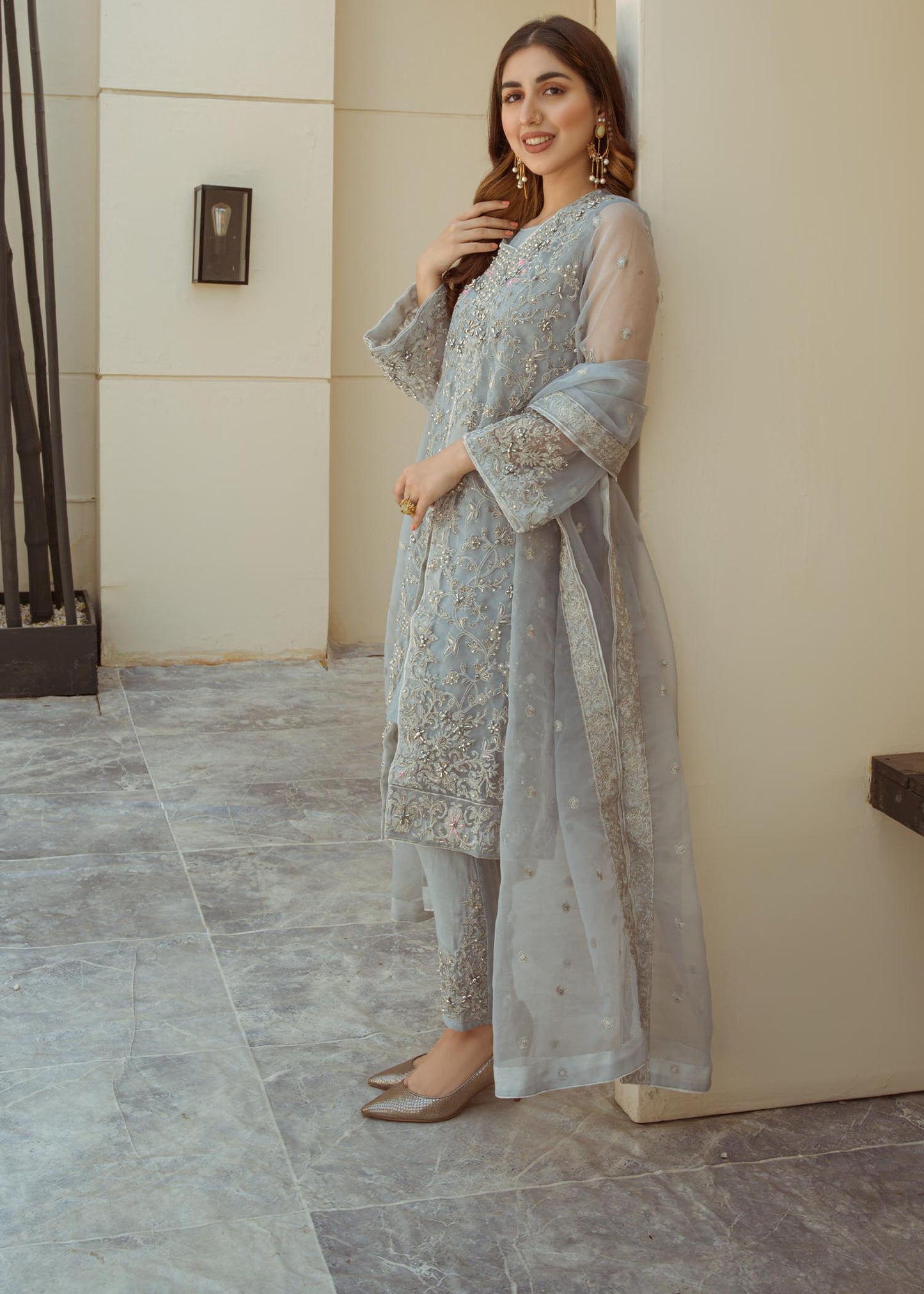 Grey Embellished Organza Jacket and Dupatta Suit Online in Sri Lanka India Australia