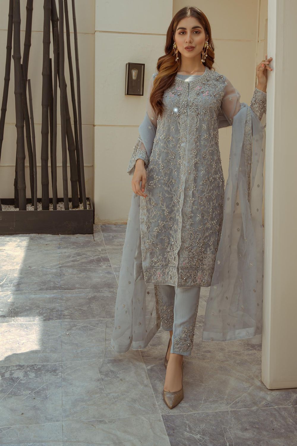 Grey Embellished Organza Jacket Suit Online in Dubai UAE Abudhabi Ajman Sharjah