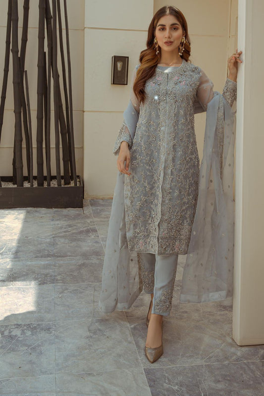 Grey Embellished Organza Jacket Suit Online in Dubai UAE Abudhabi Ajman Sharjah