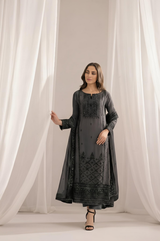 Grey Embroidered Bemberg Crinkle Chiffon Suit Online in Dubai UAE Abudhabi Ajman Sharjah