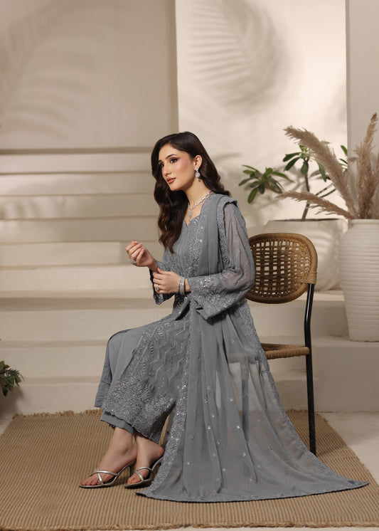 Grey Embroidered Chiffon Dupatta Set Online in Dubai DXB UAE Abudhabi Meena Bazaar