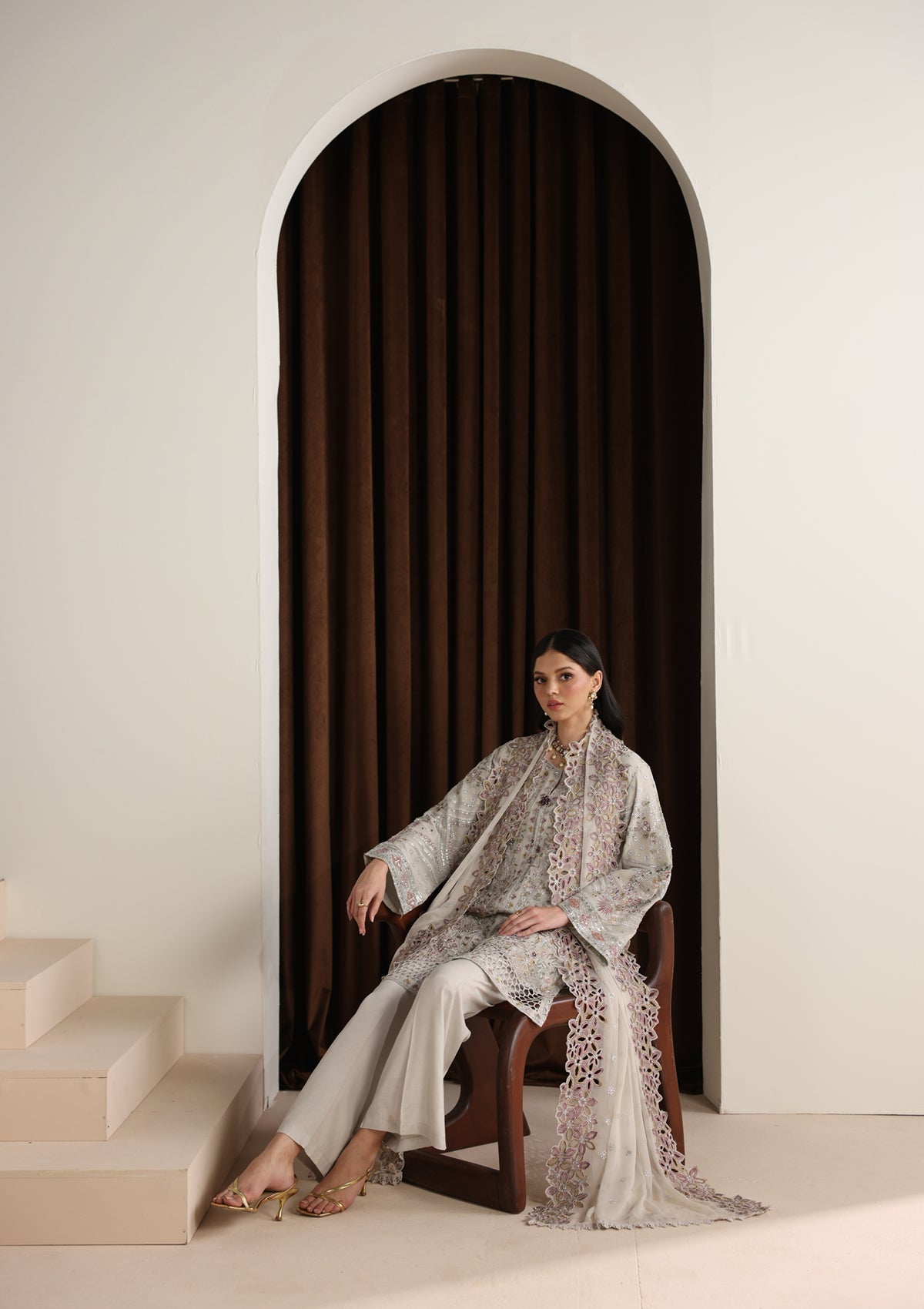 Grey Embroidered Chiffon Festive Wear Online in Dubai DXB UAE Abudhabi Meena Bazaar