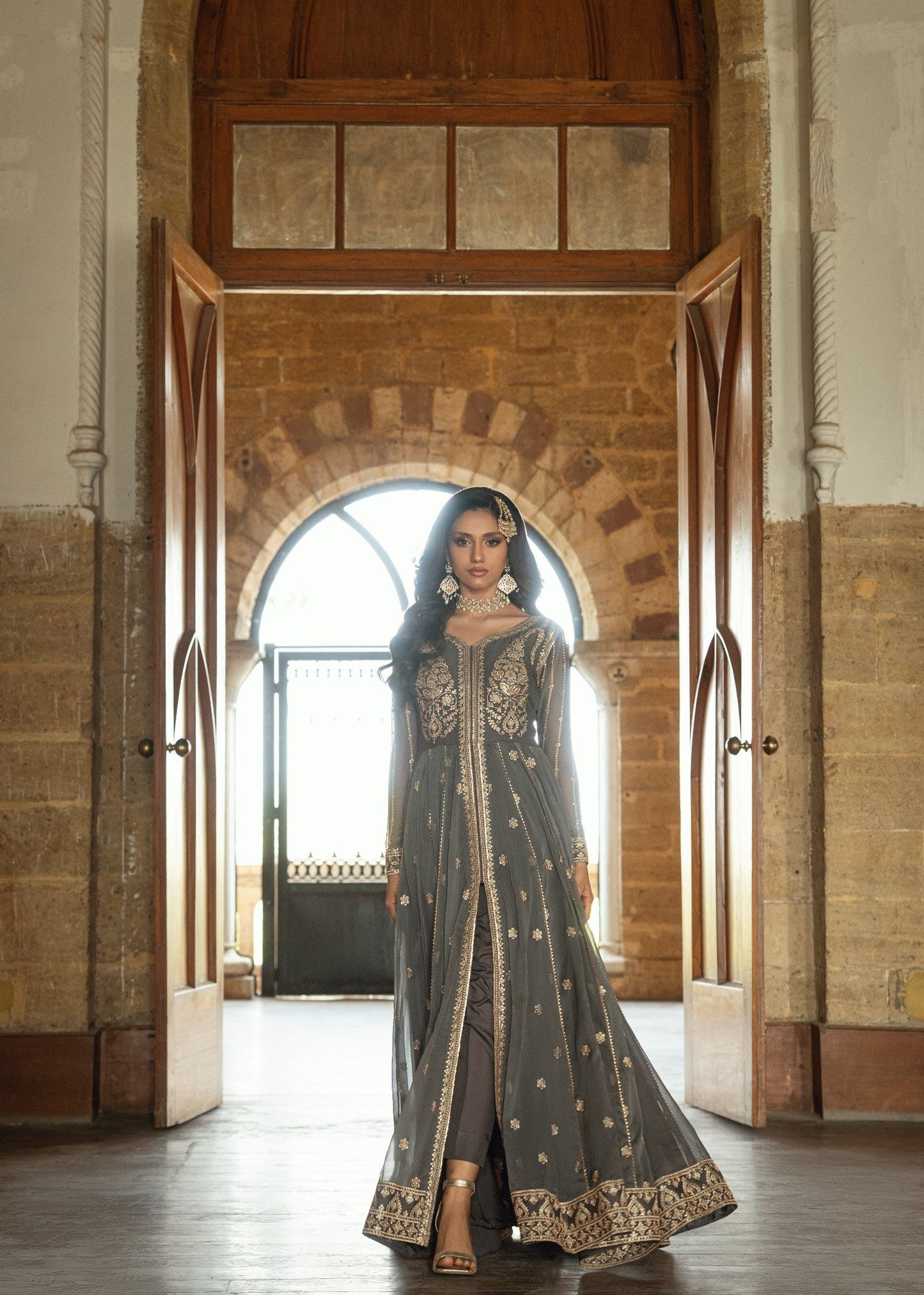 Grey Embroidered Chiffon Floor-Length Maxi Online in Dubai DXB UAE Abudhabi Meena Bazaar