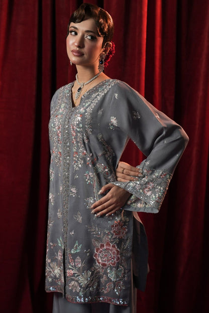 Grey Embroidered Chiffon Pakistani Suit Online in Dubai UAE Abudhabi Ajman Sharjah