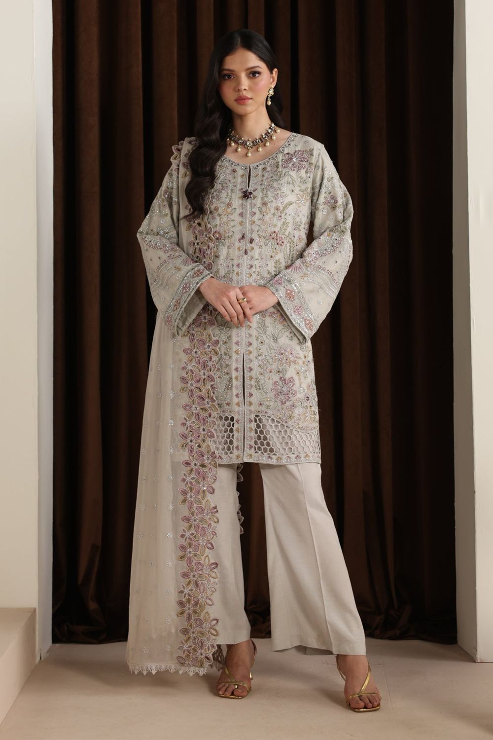 Grey Embroidered Chiffon Partywear Suit Online in Dubai UAE Abudhabi Ajman Sharjah