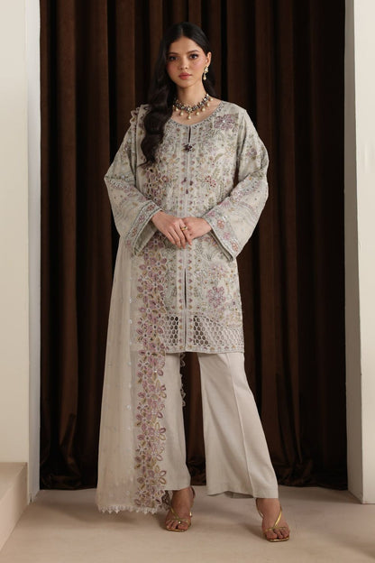 Grey Embroidered Chiffon Partywear Suit Online in Dubai UAE Abudhabi Ajman Sharjah
