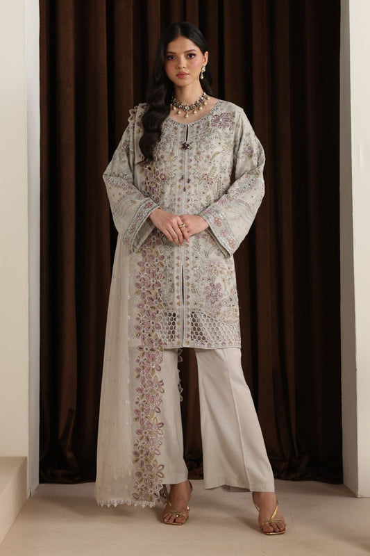Grey Embroidered Chiffon Partywear Suit Online in Dubai UAE Abudhabi Ajman Sharjah