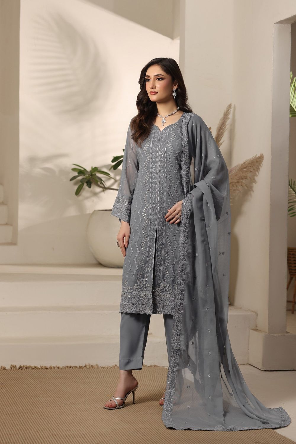 Grey Embroidered Chiffon Partywear Suit Online in Dubai UAE Abudhabi Ajman Sharjah