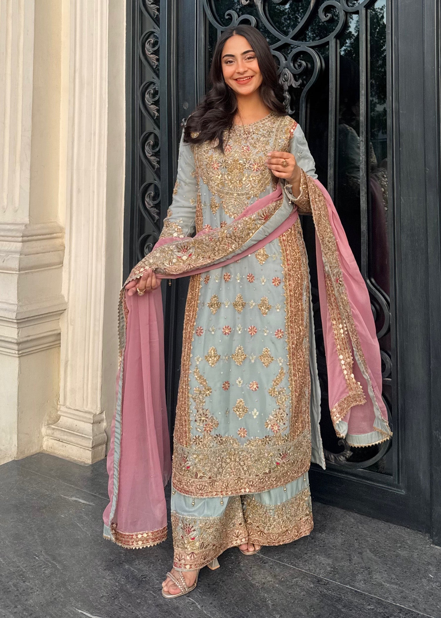 Grey Embroidered Chiffon Readymade Suit Online in Dubai DXB UAE Abudhabi Meena Bazaar