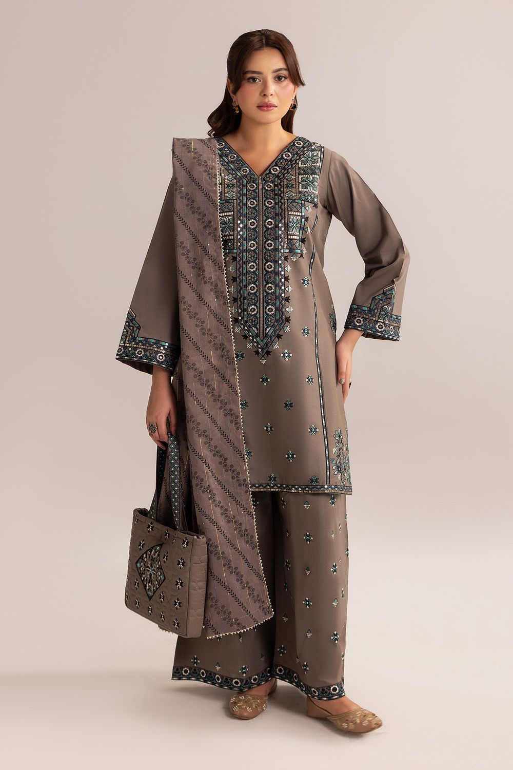 Grey Embroidered Cotton Farshi Shalwar Suit Online in Dubai UAE Abudhabi Ajman Sharjah