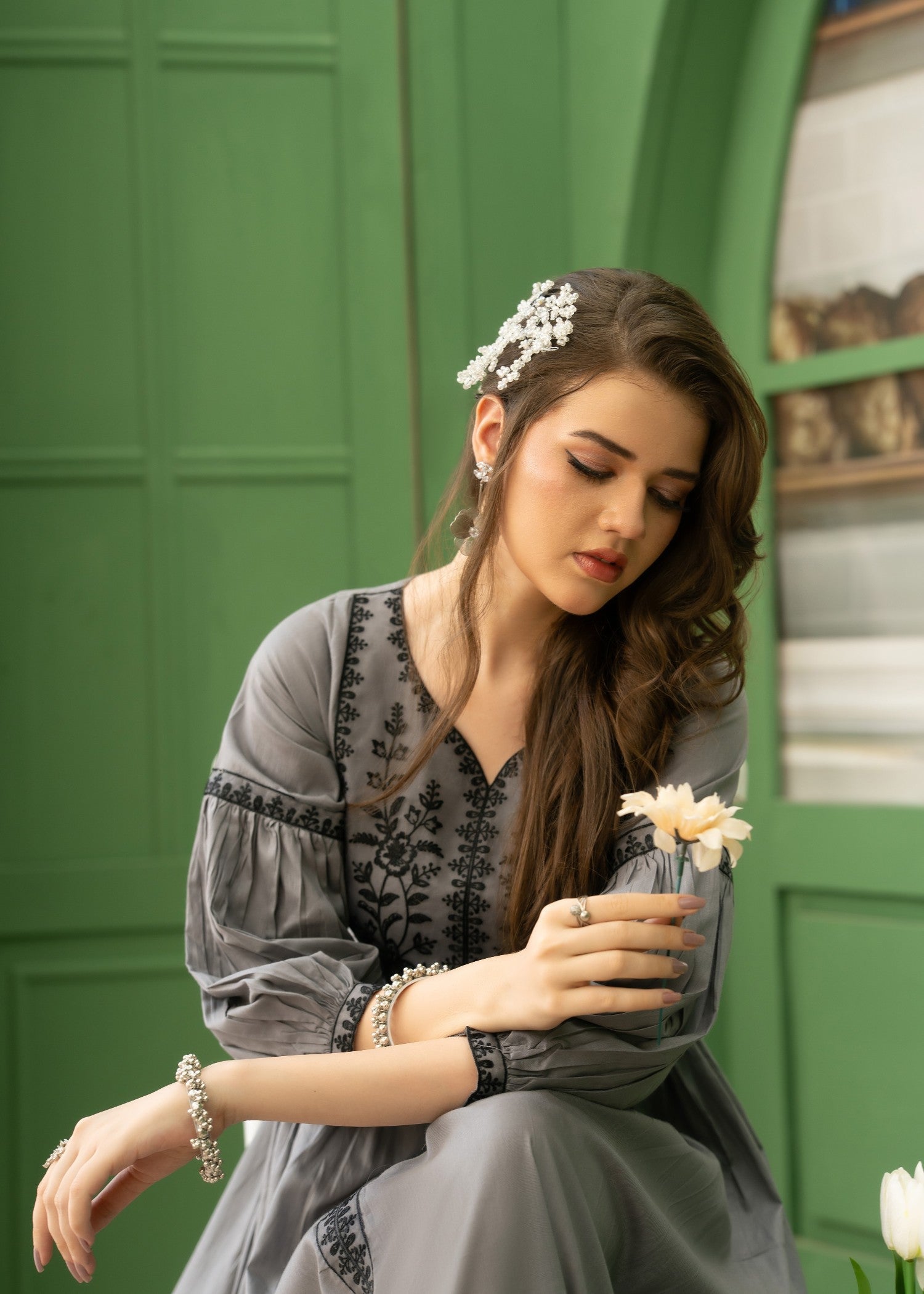 Grey Embroidered Cotton Ready to Wear Dress Online in Dubai DXB UAE Abudhabi Meena Bazaar