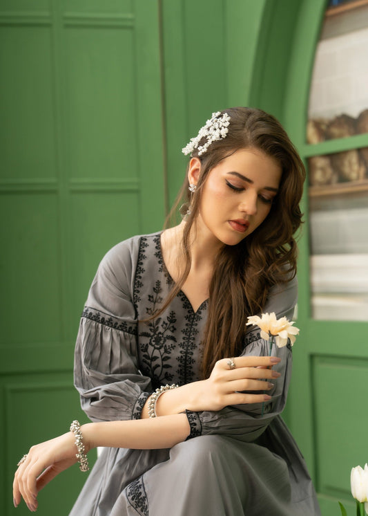 Grey Embroidered Cotton Ready to Wear Dress Online in Dubai DXB UAE Abudhabi Meena Bazaar