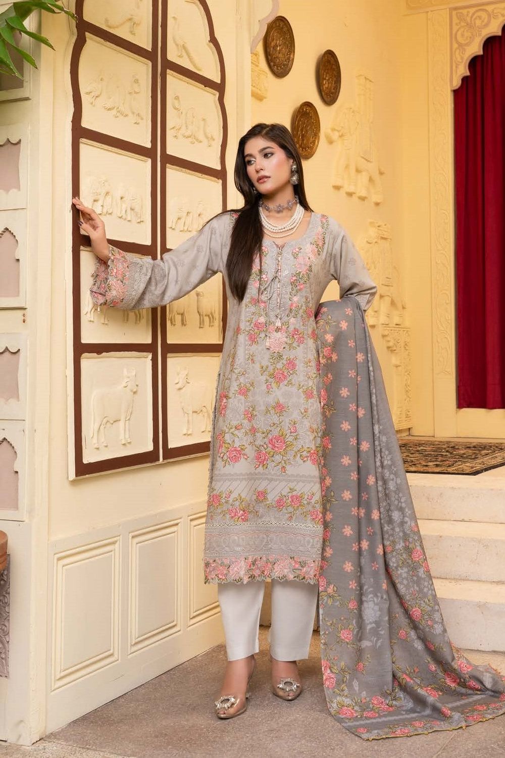 Grey Embroidered Dhanak Pakistani Suit Online in Dubai UAE Abudhabi Ajman Sharjah