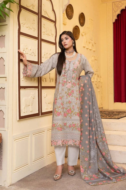 Grey Embroidered Dhanak Pakistani Suit Online in Dubai UAE Abudhabi Ajman Sharjah