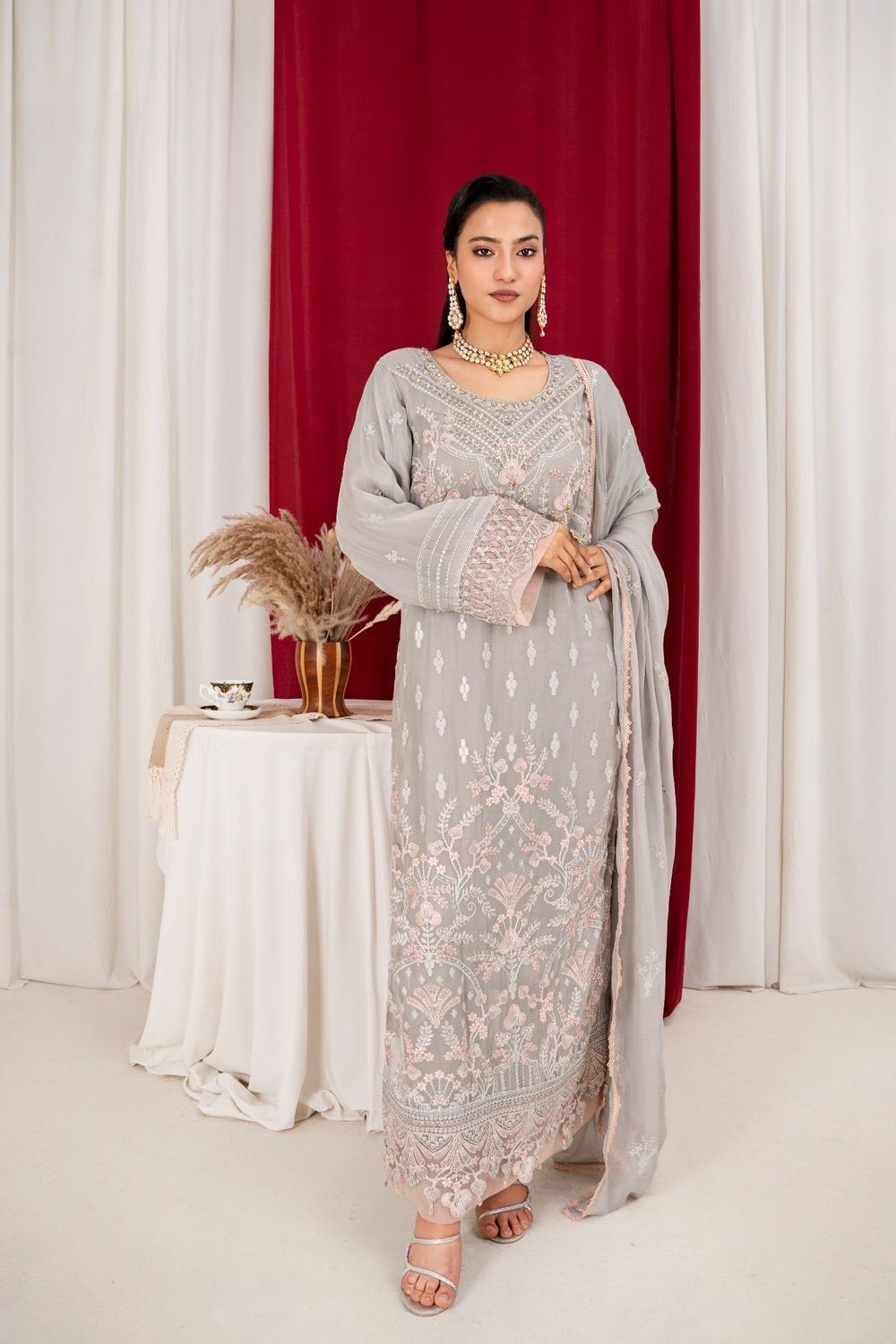 Grey Embroidered Georgette Chiffon Partywear Suit Online in Dubai UAE Abudhabi Ajman Sharjah