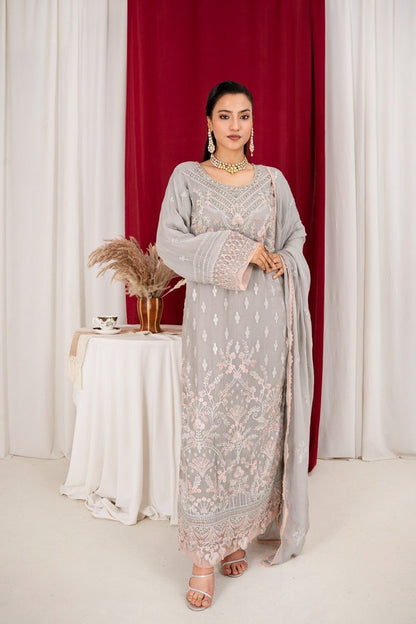 Grey Embroidered Georgette Chiffon Partywear Suit Online in Dubai UAE Abudhabi Ajman Sharjah