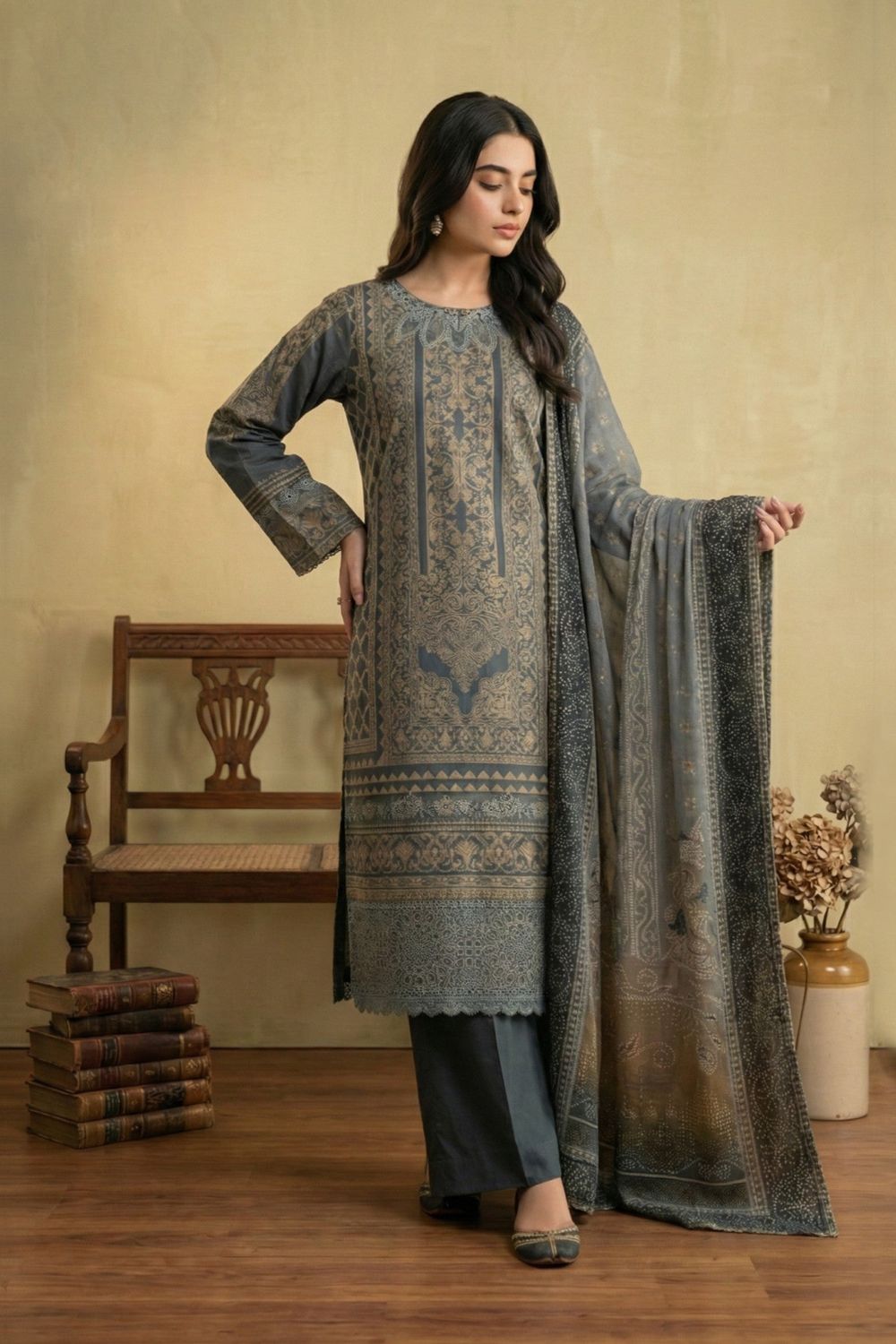 Grey Embroidered Jacquard Festive Suit Online in Dubai UAE Abudhabi Ajman Sharjah