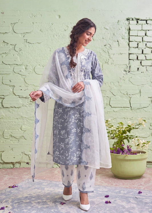 Grey Embroidered Lawn 3 Piece Suit Online in Dubai DXB UAE Abudhabi Meena Bazaar
