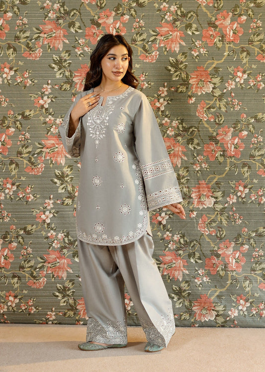 Grey Embroidered Lawn Farshi Shalwar Pakistani Suit Online in Dubai DXB UAE Abudhabi Meena Bazaar