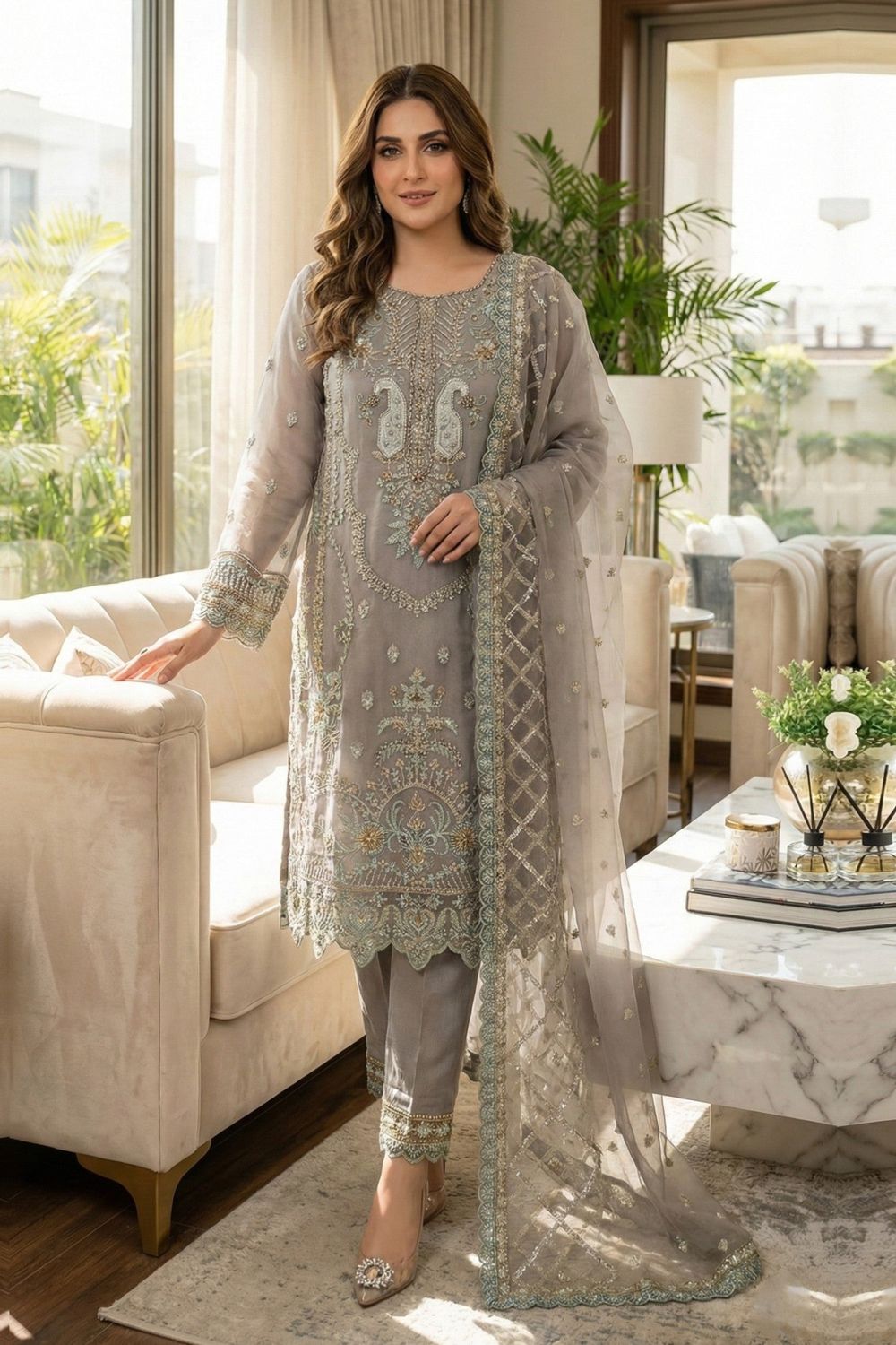 Grey Embroidered Organza Festive Suit Online in Dubai UAE Abudhabi Ajman Sharjah