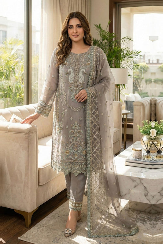 Grey Embroidered Organza Festive Suit Online in Dubai UAE Abudhabi Ajman Sharjah