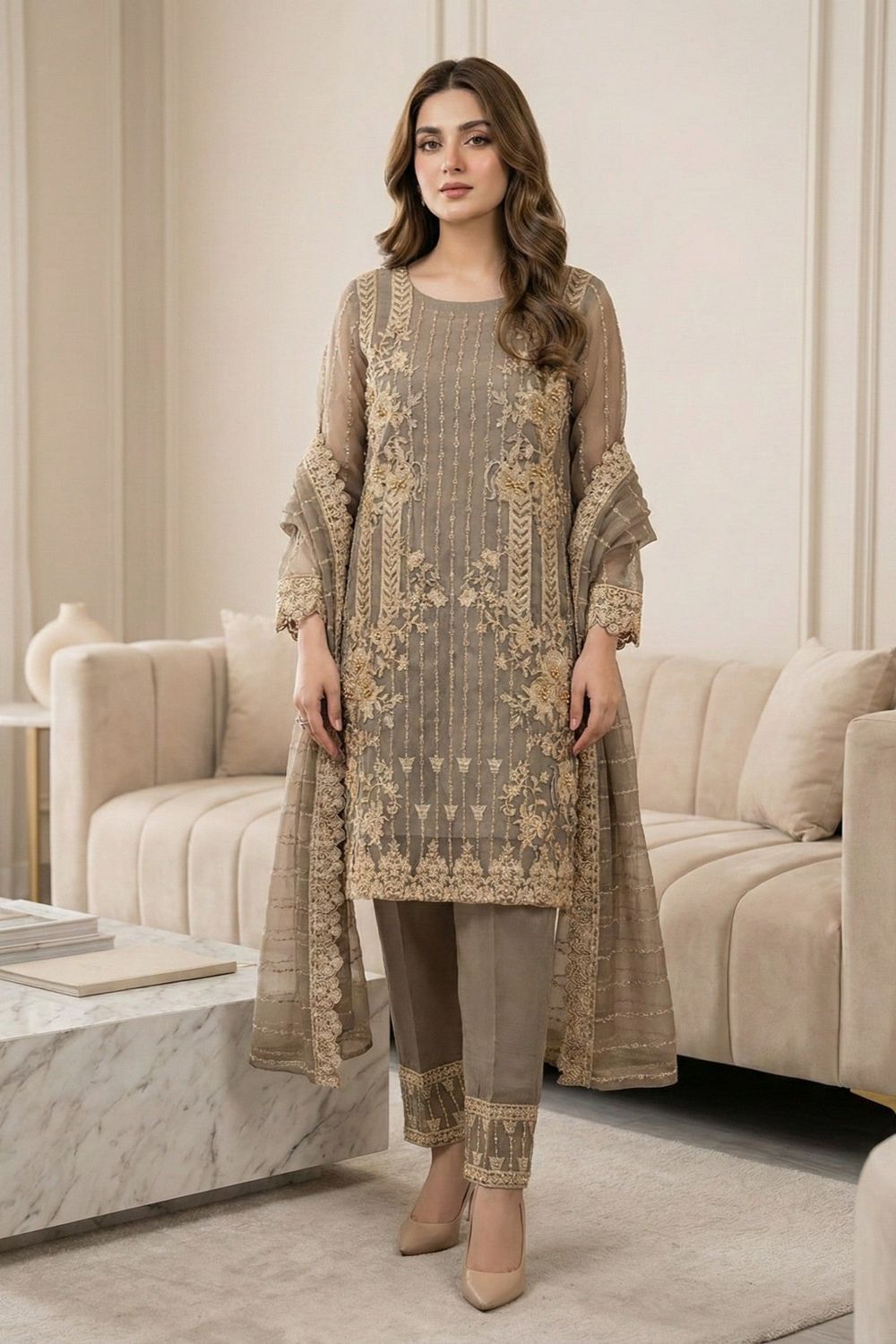 Grey Embroidered Organza Festive Wear Suit Online in Dubai UAE Abudhabi Ajman Sharjah