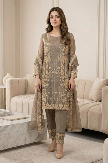Grey Embroidered Organza Festive Wear Suit Online in Dubai UAE Abudhabi Ajman Sharjah