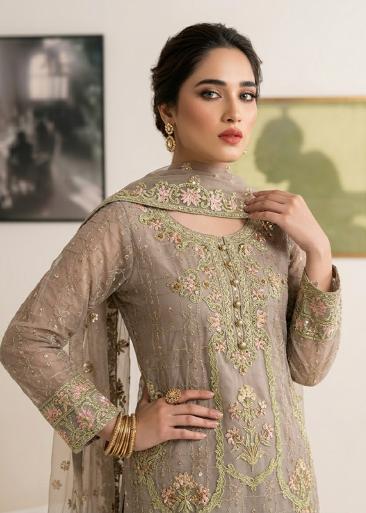 Grey Embroidered Organza Pakistani Dress Online in Dubai DXB UAE Abudhabi Meena Bazaar