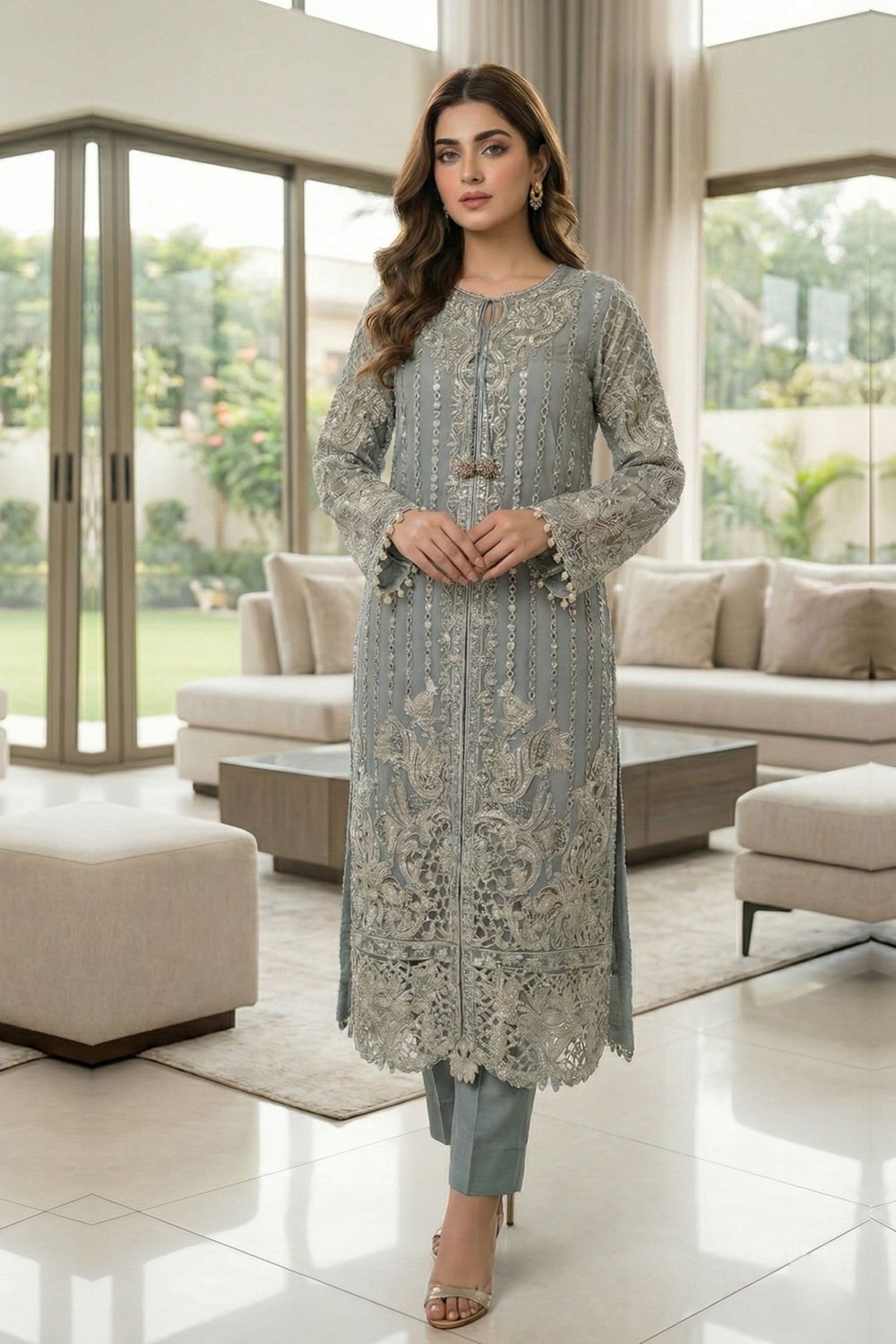 Grey Embroidered Organza Pakistani Suit Online in Dubai UAE Abudhabi Ajman Sharjah