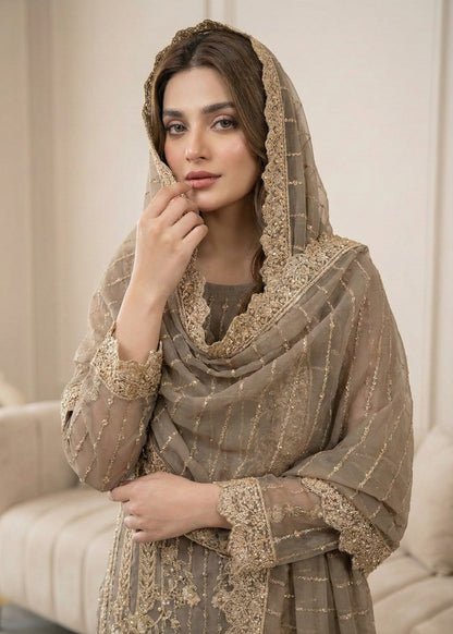 Grey Embroidered Organza Party Wear Dress Online in Dubai UAE Abudhabi Ajman Sharjah