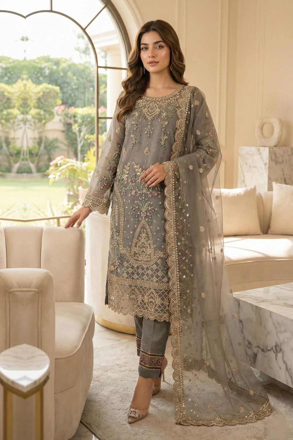 Grey Embroidered Organza Salwar Kameez Online in Dubai UAE Abudhabi Ajman Sharjah