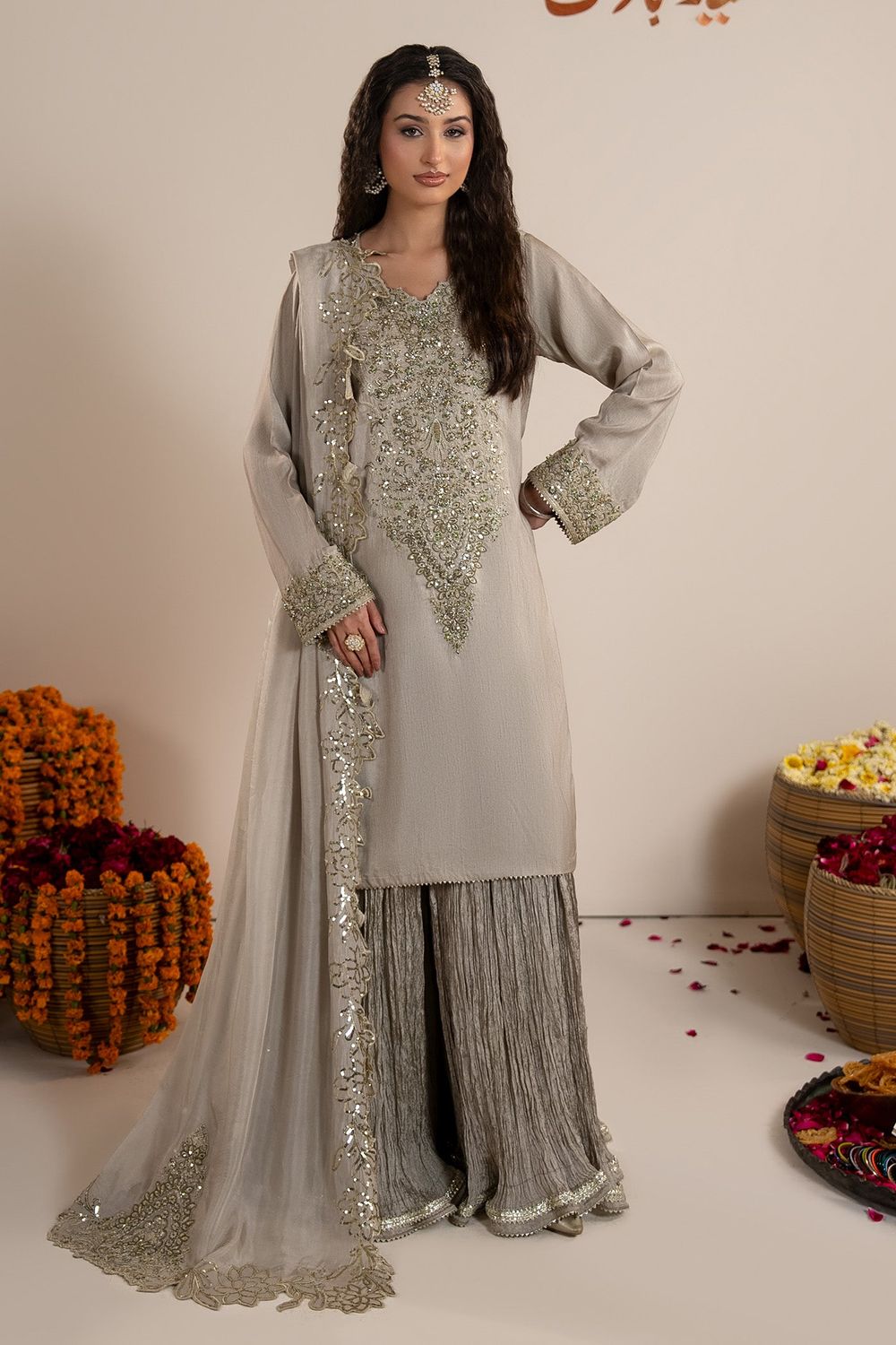 Grey Embroidered Raw Silk Sharara Suit Online in Dubai UAE Abudhabi Ajman Sharjah