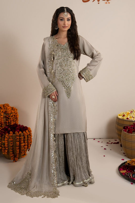 Grey Embroidered Raw Silk Sharara Suit Online in Dubai UAE Abudhabi Ajman Sharjah