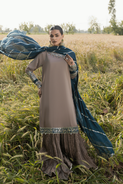 Grey Embroidered Raw Silk Sharara Suit Online in Dubai UAE Abudhabi Ajman Sharjah