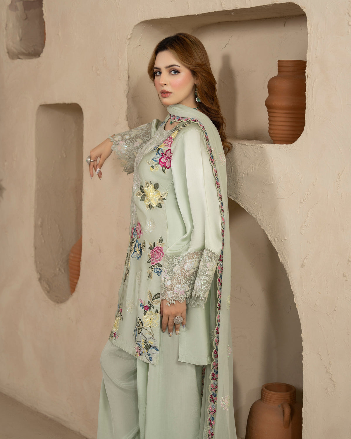 Grey Embroidered Shamoz Silk Formal Suit Online in Dubai UAE Abudhabi Ajman Sharjah
