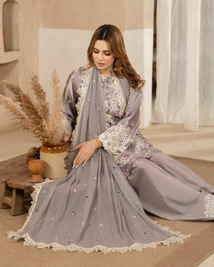 Grey Embroidered Shamoz Silk Ladies Salwar Kameez Online in UK USA Canada