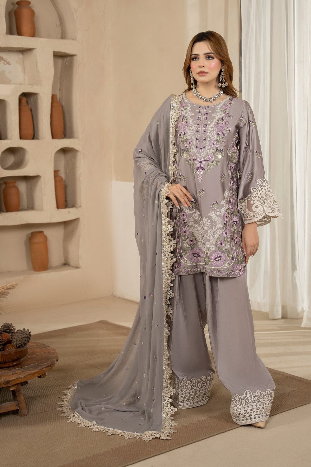 Grey Embroidered Shamoz Silk Pakistani Suit Online in Dubai UAE Abudhabi Ajman Sharjah