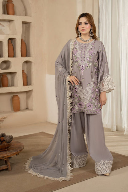 Grey Embroidered Shamoz Silk Pakistani Suit Online in Dubai UAE Abudhabi Ajman Sharjah