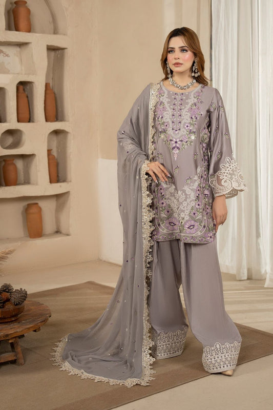Grey Embroidered Shamoz Silk Pakistani Suit Online in Dubai UAE Abudhabi Ajman Sharjah