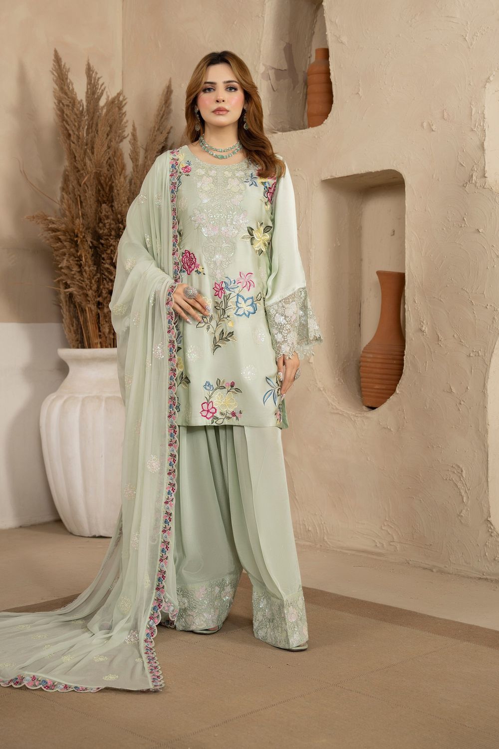 Grey Embroidered Shamoz Silk Pakistani Suit Online in Dubai UAE Abudhabi Ajman Sharjah
