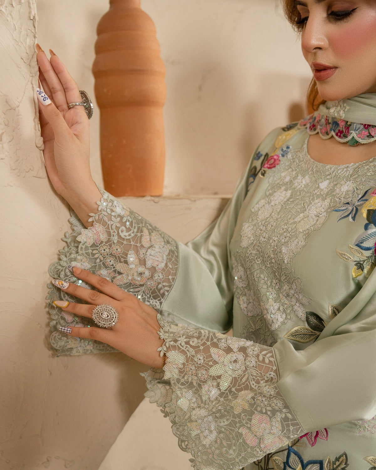 Grey Embroidered Shamoz Silk Partywear Suit Online in Dubai UAE Abudhabi Ajman Sharjah