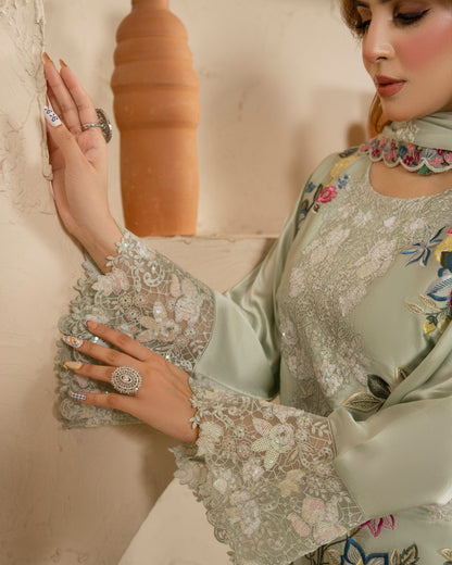 Grey Embroidered Shamoz Silk Partywear Suit Online in Dubai UAE Abudhabi Ajman Sharjah