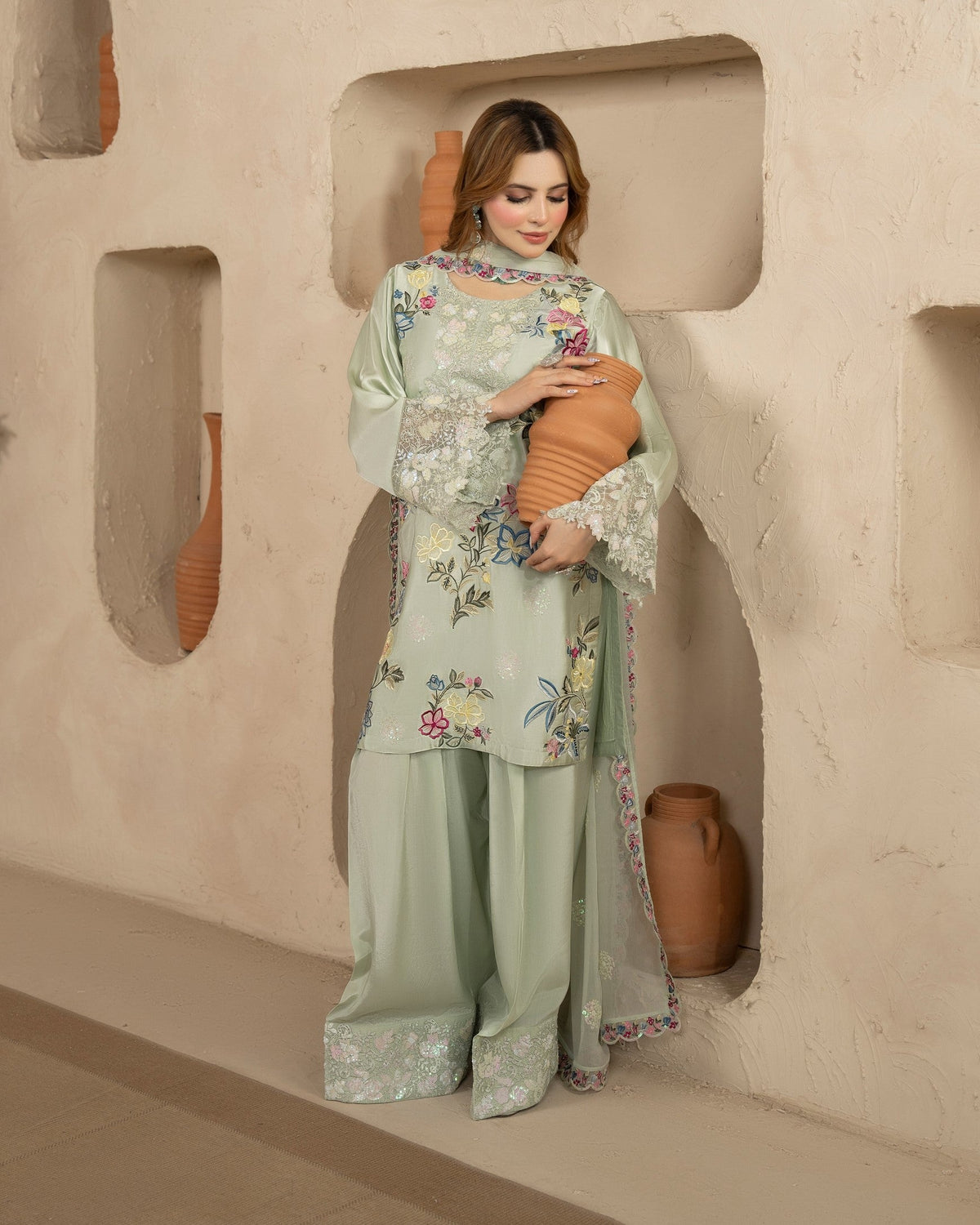Grey Embroidered Shamoz Silk Readymade Salwar Suit Online in UK USA Canada