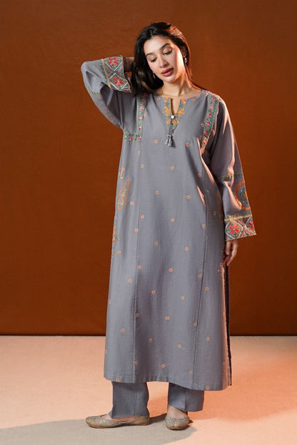Grey Embroidered Slub Khaddar Kurta Set Online in Dubai UAE Abudhabi Ajman Sharjah