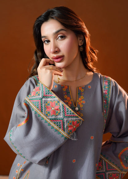 Grey Embroidered Slub Khaddar Kurta Trouser Set Online in Sri Lanka India Australia