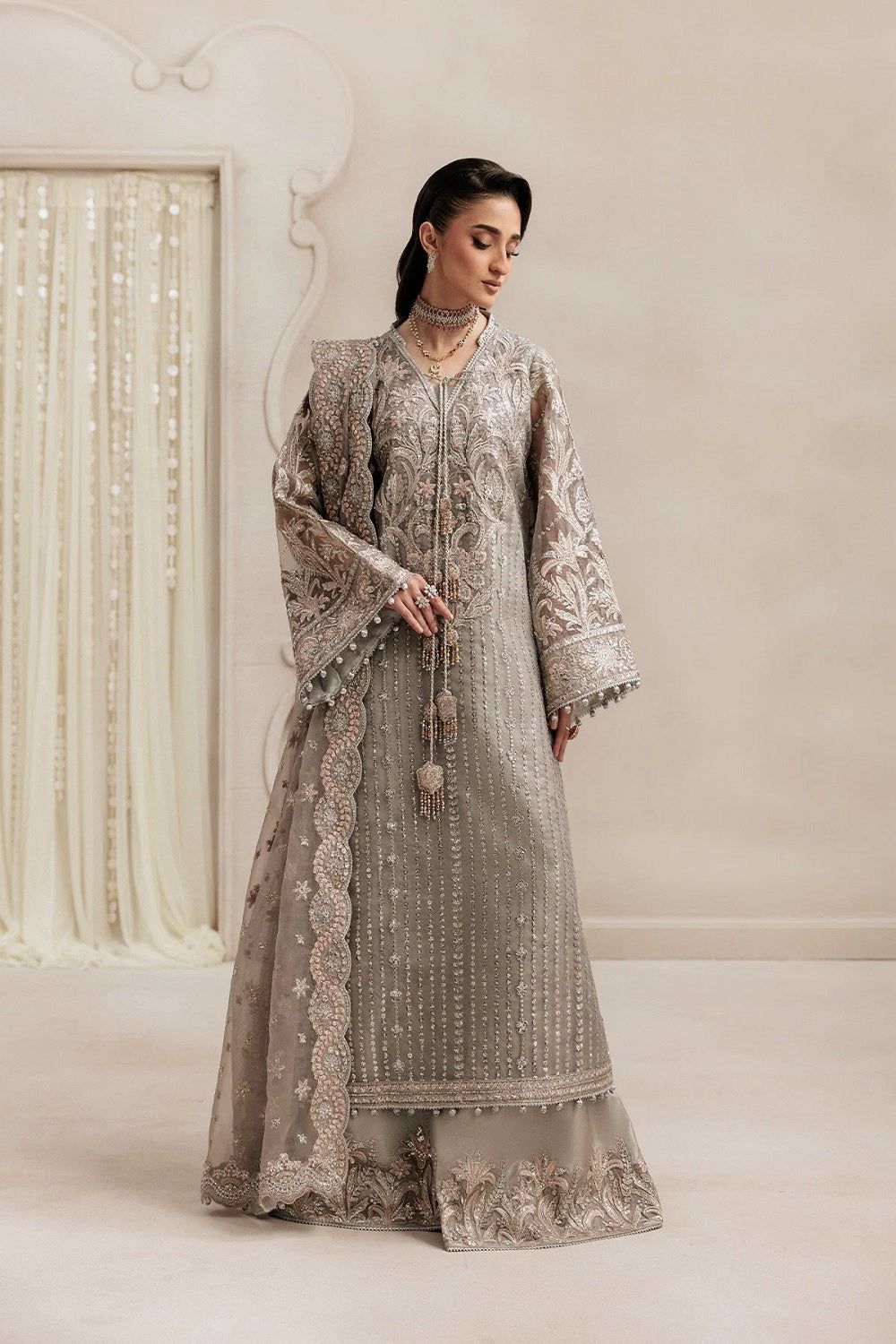 Grey Hand Embellished Organza Pakistani Suit Online in Dubai UAE Abudhabi Ajman Sharjah